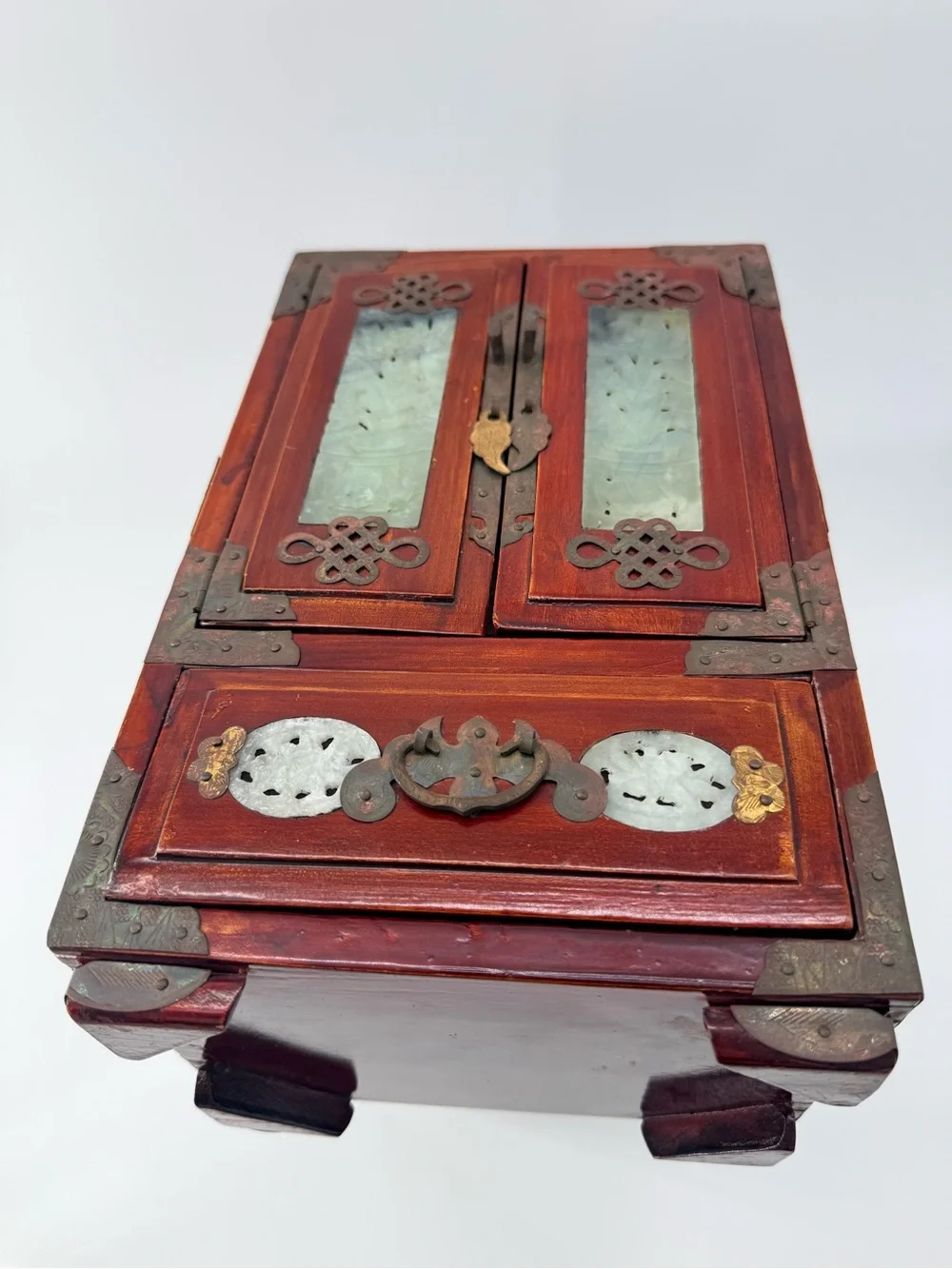 Antique-Style Red Wood Jewelry Cabinet with Jade Inlay - Unbranded